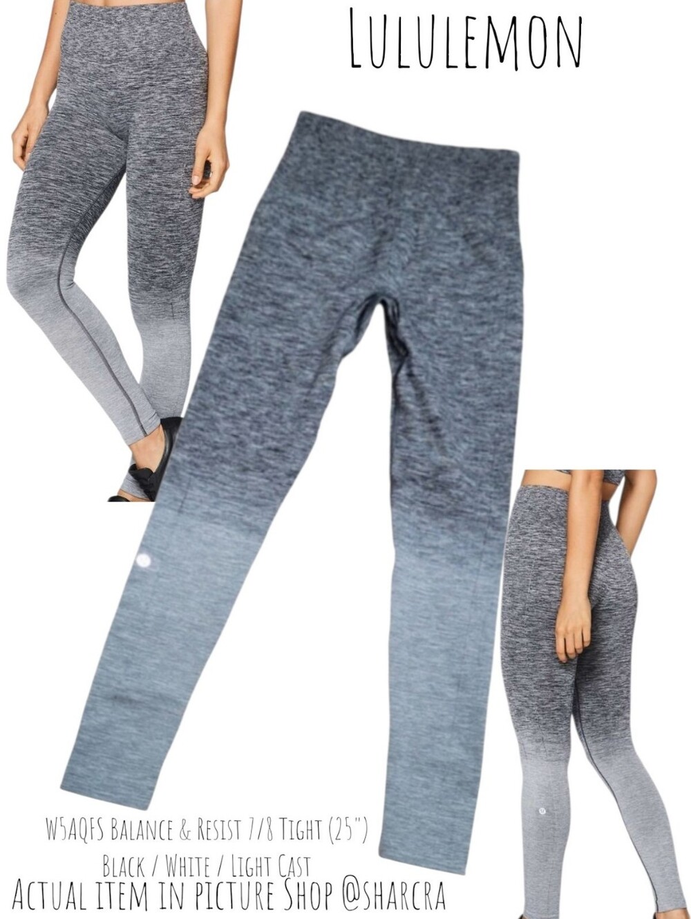Lululemon Women's Balance & Resist 7/8 Tight 25" BLK/WHT/CAST 4 Compressive HR